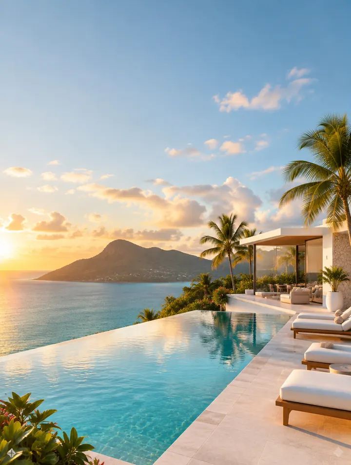 Villa avec piscine à débordement face à la mer des Caraïbes
